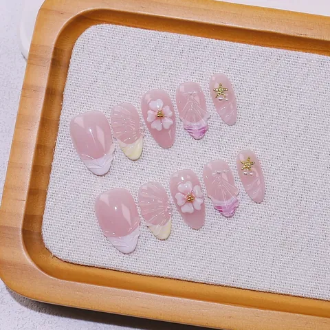 Handmade French Translucent Pink Gradient Press On Nails With 3D Flowers Shells Starfish Artificial Pearls Almond False Nails For Women