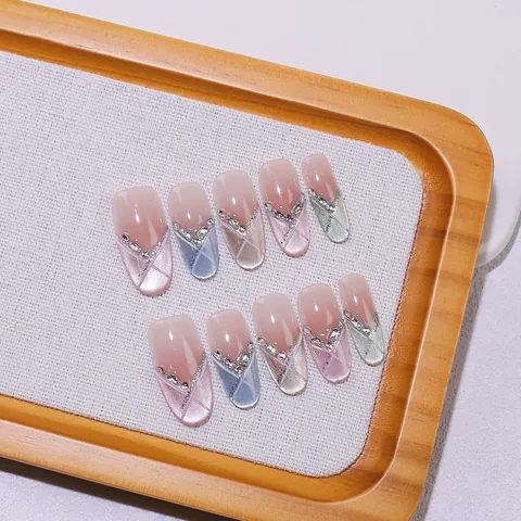 Uñas Postizas Hechas a Mano French Tip Ojo de Gato Strass Degradado Largo Ballerina Uñas Artificiales Mujer Decoración