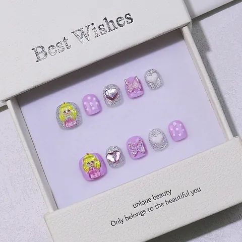 Unghie Finte per Bambini Fatte a Mano Cartone Animato Principessa Viola Cuore Farfalla 3D Glitter Dolce Unghie Lucide Regalo per Ragazze