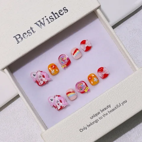 Unghie Finte 3D Cartone Animato Cavallo Bambini Fatto a Mano Resina Fiore Fiocco Corto Unghie Artificiali Per Ragazze Regalo Festa
