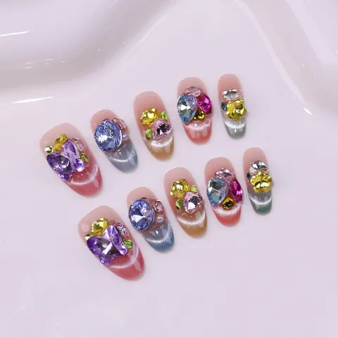 Handgemaakte Luxe Kattenoog Kunstnagels Met 3D Vlinder Strass Versiering Glinsterende Franse Stijl Fake Nails Voor Vrouwen