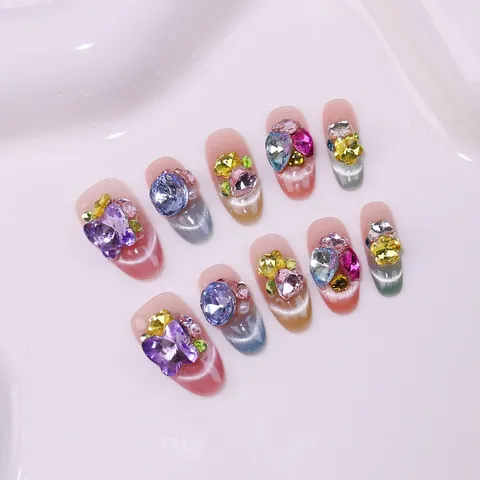 Handgemaakte Luxe Kattenoog Kunstnagels Met 3D Vlinder Strass Versiering Glinsterende Franse Stijl Fake Nails Voor Vrouwen