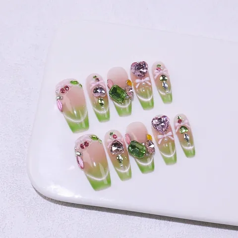 Handmade Cat Eye Press On Nails Pink Green Gradient Long Coffin Fake Nails With Rhinestone Bow Heart Charms For Women