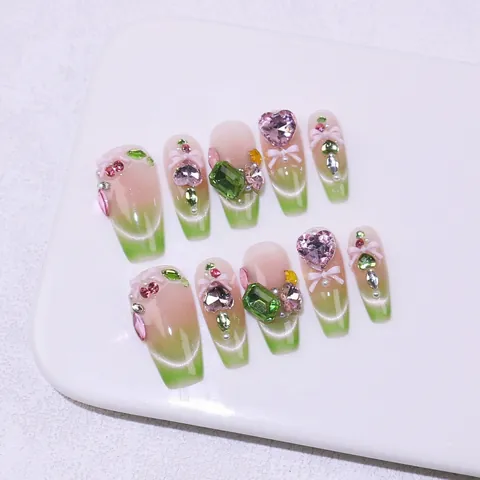 Handmade Cat Eye Press On Nails Pink Green Gradient Long Coffin Fake Nails With Rhinestone Bow Heart Charms For Women