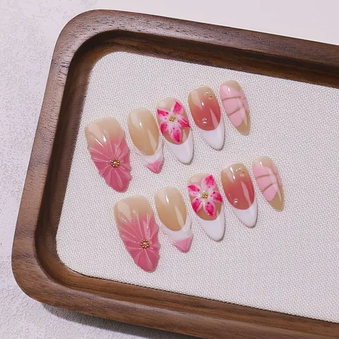 Handmade Press-on Nails Pink Floral 3D Relief Almond False Nails With Pearls Metal Beads French Tip Wearable Fake Nails