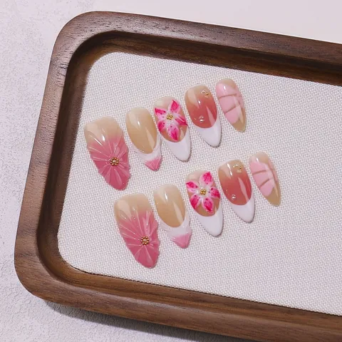 Handmade Press-on Nails Pink Floral 3D Relief Almond False Nails With Pearls Metal Beads French Tip Wearable Fake Nails