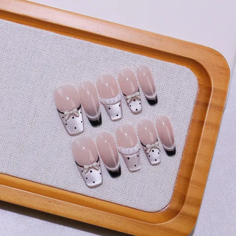 Handgemaakte Franse Kattenoog Coffin Press On Nagels 3D Strik Stippen Lange Ballerina Elegante Manicure Vrouwen