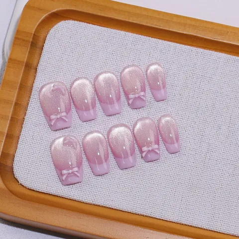 Handmade Pink Cat Eye Press On Nails With Bowknot Decoration French Tip Ballerina Shape False Nails For Women Salon Quality