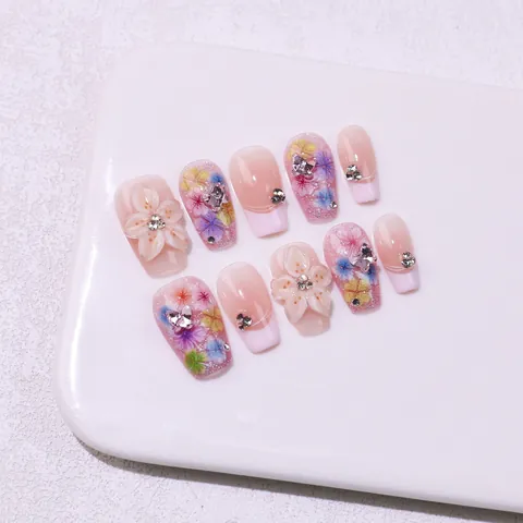 Handmade Resin Press On Nails Pink Gradient French White 3D Flower Rhinestone Elegant Dried Floral Coffin Fake Nails For Women