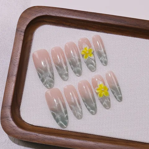 Uñas Postizas a Presión Hechas a Mano Verano Limón Onda Ojo de Gato Degradado 3D Floral Almendra Larga Mujer Joyería