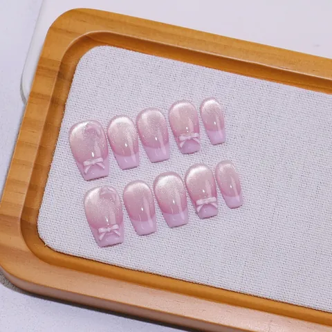 Handmade Pink Cat Eye Press On Nails With Bowknot Decoration French Tip Ballerina Shape False Nails For Women Salon Quality