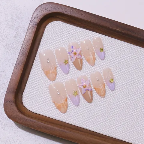 Handgefertigte 3D Blume Seestern Muschel Künstliche Perle Lavendel Verlauf Mandelform Press On Nägel Vollständige Abdeckung Elegante Falsche Nägel Damen