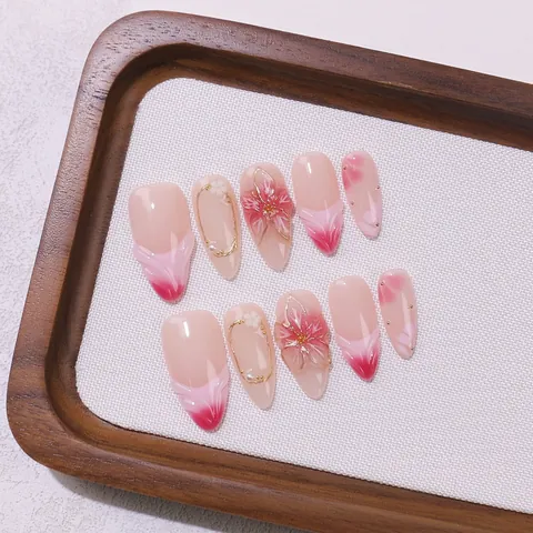 Handmade Almond Press On Nails Sweet Pink Gradient 3D Flower Pearl Design Medium Long French Style Fake Nails For Women