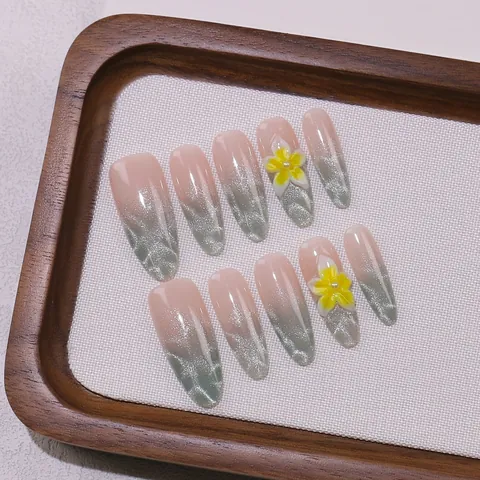 Uñas Postizas a Presión Hechas a Mano Verano Limón Onda Ojo de Gato Degradado 3D Floral Almendra Larga Mujer Joyería
