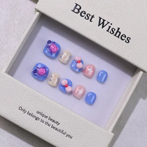Handgemaakte Kinder Teennagels Plaknagels Schattige 3D Schildpad Strik Decoratie Glanzende Hars Kunstnagels Voor Kinderen