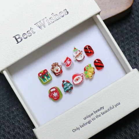 Handmade Christmas Kids Press On Nails Cartoon Reindeer Santa Claus Snowman Resin 3D Relief Festive Holiday Party Decoration Gift