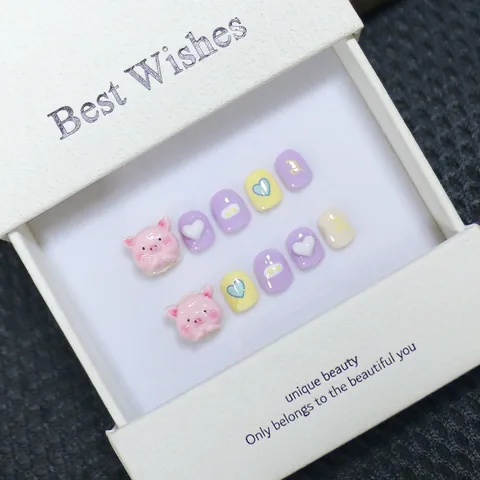 Faux Ongles pour Enfants Faits à la Main Dessin Animé Mignon Cochon Rose Cadeau pour Filles Ongles Décoratifs
