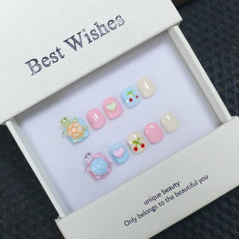 Handmade Children's Press On Nails With 3D Cartoon Turtle Heart Pattern Macaron Colors Cute Fake Nails For Kids Daily Wear
