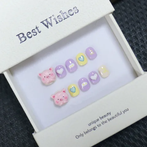 Handgemaakte Kinder Kunstnagels Schattige Cartoon Roze Varken Patroon Cadeau Voor Meisjes Decoratieve Nagels