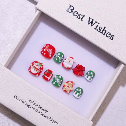 Unghie Finte Natalizie per Bambini Fatte a Mano Babbo Natale Pupazzo di Neve Rosso Verde Bianco Nail Art Confezione Regalo