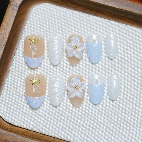 Unghie Finte 3D Fatte a Mano Tema Oceano Conchiglia Stella Marina Blu Rosa Sfumato Decorazione Perla Artificial Gioielli Donna