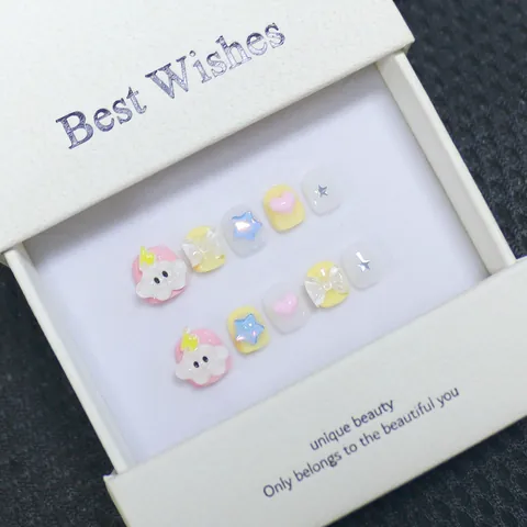 Unghie Finte per Bambini Fatte a Mano Cute Cartoon 3D Cloud Heart Star Pattern Macaron Color Unghie Finte per Ragazze Regalo
