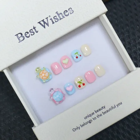 Handmade Children's Press On Nails With 3D Cartoon Turtle Heart Pattern Macaron Colors Cute Fake Nails For Kids Daily Wear