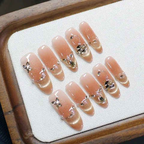 Handgefertigt UV-Gel Ohrstecker Nude-Rosa Farbverlauf Mit Legierung Schmetterling Künstliche Perle Strass Lang Oval Kunstnagel Für Damen