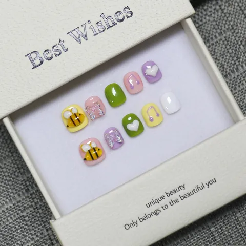 Handmade Kids Press On Nails Sweet Macaron Color Cartoon Bee Butterfly Heart Embossed Children Fake Nails Manicure Gift