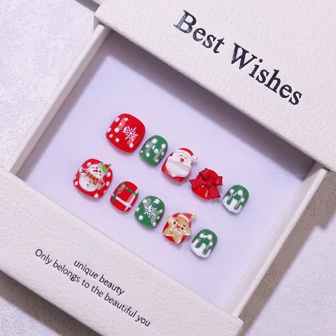 Unghie Finte Natalizie per Bambini Fatte a Mano Babbo Natale Pupazzo di Neve Rosso Verde Bianco Nail Art Confezione Regalo
