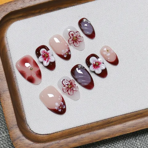 Uñas Postizas Hechas a Mano Elegantes Florales Rojo Vino Rosa Nude Almendra Cortas Con Strass Accesorio Para Fiesta Mujer