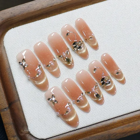 Handgefertigt UV-Gel Ohrstecker Nude-Rosa Farbverlauf Mit Legierung Schmetterling Künstliche Perle Strass Lang Oval Kunstnagel Für Damen