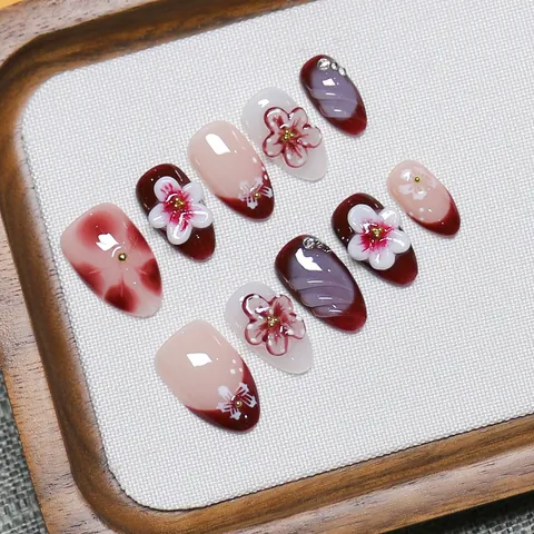 Uñas Postizas Hechas a Mano Elegantes Florales Rojo Vino Rosa Nude Almendra Cortas Con Strass Accesorio Para Fiesta Mujer
