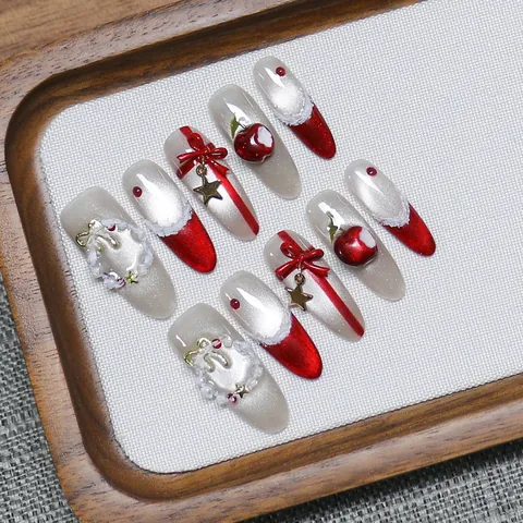 Uñas Postizas Rojas Ojo de Gato de Navidad Con Lazo 3D Manzana Corona Estrella Uñas Francesas Hechas a Mano para Mujer Fiesta