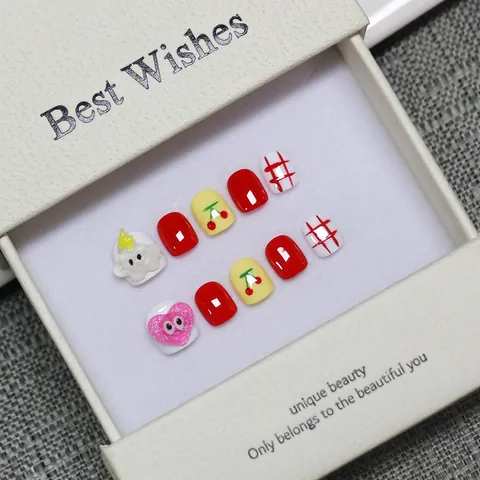 Handmade Kids Press On Nails Cute Cartoon Cherry Heart Grid Designs Reusable Artificial Fake Nails For Children Nail Art