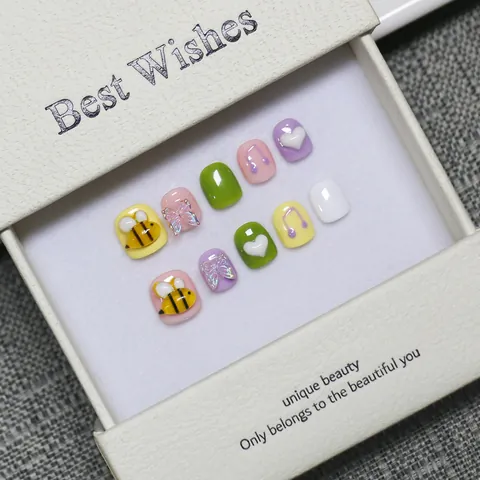 Handmade Kids Press On Nails Sweet Macaron Color Cartoon Bee Butterfly Heart Embossed Children Fake Nails Manicure Gift