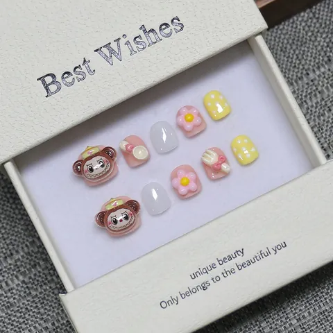 Faux Ongles à Presser Faits Main Singe et Fleurs pour Enfants Mignons 3D Rose Jaune Ongles Courts Ronds Avec Boîte Cadeau