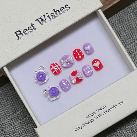 Handmade Kids Press On Nails Cute Cartoon Turtle Design Resin Fake Nails Purple Red Heart Bow Pattern DIY Manicure