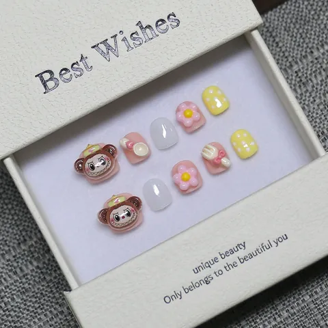 Faux Ongles à Presser Faits Main Singe et Fleurs pour Enfants Mignons 3D Rose Jaune Ongles Courts Ronds Avec Boîte Cadeau