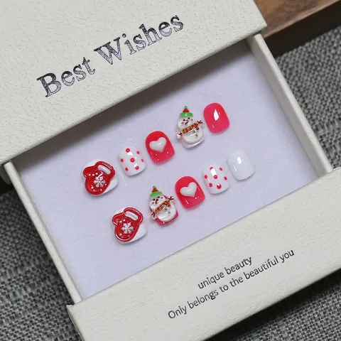Christmas Kids Press On Nails Handmade 3D Relief Snowman Red White Heart Polka Dot Cute Short Artificial Fake Nails Gift