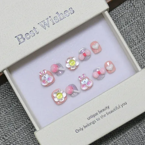 Handmade Sweet Paradise Kids Press On Nails 3D Cartoon Rabbit Lollipop Flower Bow Cute Resin Fake Nails Girls Gift