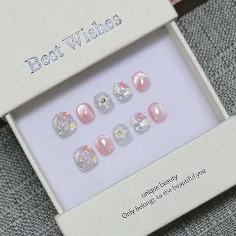 Handmade Kids Press On Nails Pink Cat Eye Silver Glitter Butterfly Flower Design Short Round Artificial Nails Gift