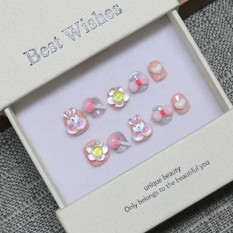 Handmade Sweet Paradise Kids Press On Nails 3D Cartoon Rabbit Lollipop Flower Bow Cute Resin Fake Nails Girls Gift