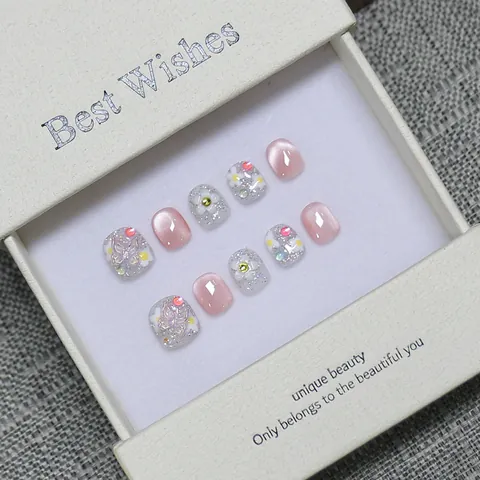 Handmade Kids Press On Nails Pink Cat Eye Silver Glitter Butterfly Flower Design Short Round Artificial Nails Gift