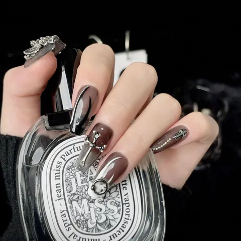 Handmade Gothic Dark Angel Press On Nails With 3D Silver Cross Metal Charms Y2K Punk Long Coffin Fake Nails 10 Pcs Set
