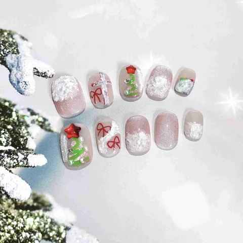 Uñas Postizas a Presión Navideñas Hechas a Mano Copo de Nieve Purpurina Rosa Reutilizables Lazo 3D Manicura Invierno