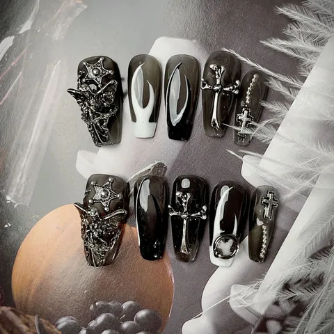 Handmade Gothic Dark Angel Press On Nails With 3D Silver Cross Metal Charms Y2K Punk Long Coffin Fake Nails 10 Pcs Set