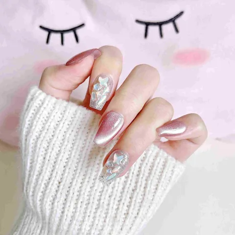 Uñas Postizas a Presión Rosas Ojo de Gato Hechas a Mano Con Decoración de Mariposa 3D y Strass Forma de Ataúd Corta Para Mujer