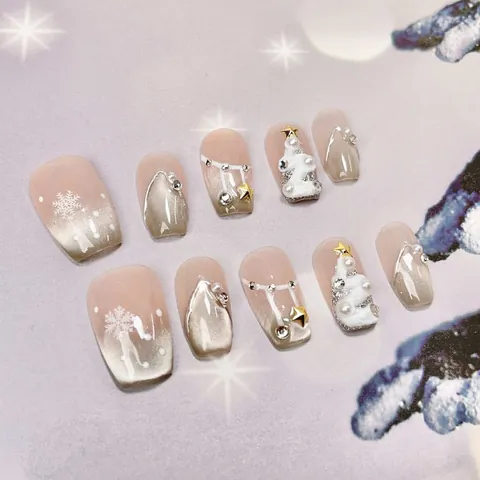 Uñas Postizas a Presión de Navidad Hechas a Mano Copo de Nieve de Invierno Árbol de Navidad 3D Forma de Ataúd Ojo de Gato Gel Resina Para Mujer