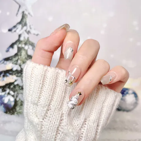 Uñas Postizas a Presión de Navidad Hechas a Mano Copo de Nieve de Invierno Árbol de Navidad 3D Forma de Ataúd Ojo de Gato Gel Resina Para Mujer